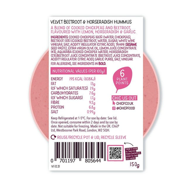 ChicP beetroot and horseradish hummus 150g - British product