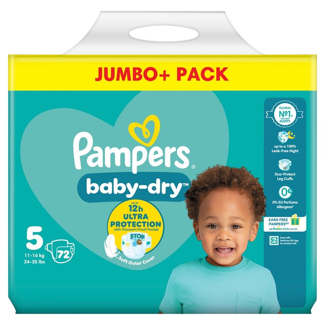 Pampers Baby-Dry nappies size 5 for 11-16kg, 72-count pack, imported from the UK