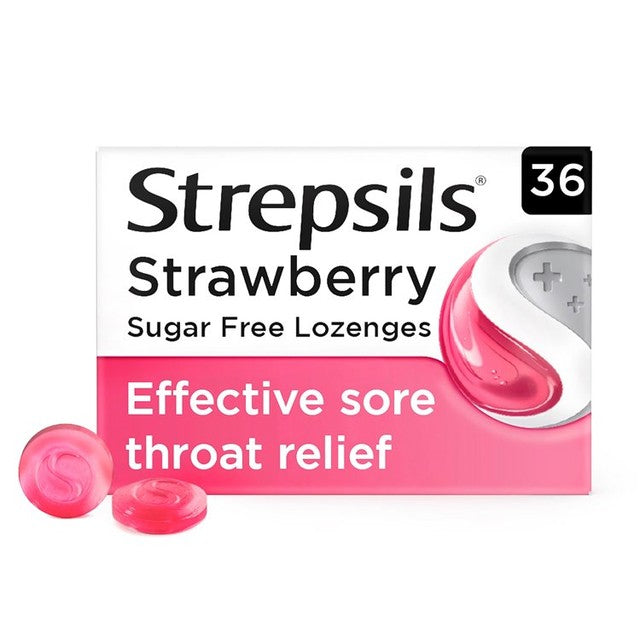 Strepsils Strawberry Sugar Free Sore Throat Lozenges 36 Pack (British brand)