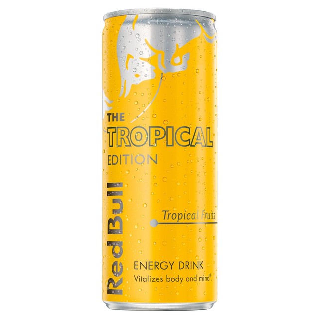 Red Bull Energy Drink Tropical Fruits 250ml can, imported from the UK