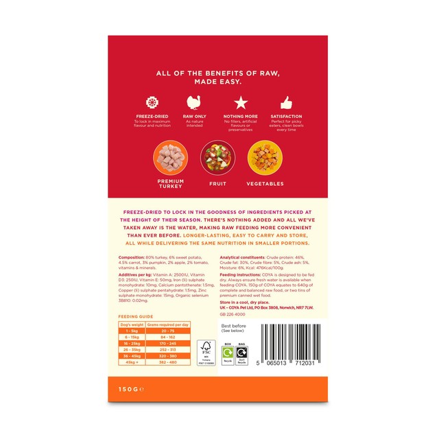 Coya Turkey Freeze-Dried Raw Adult Dog Food 150g - British product