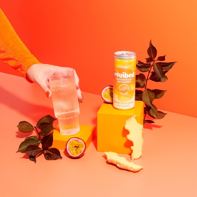 Revibed Immunity passionfruit and ginger sparkling water - British product