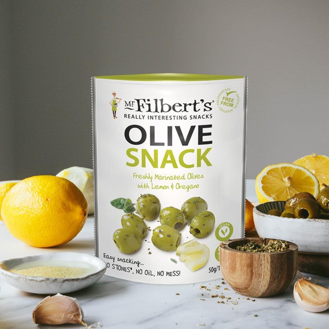 Mr Filbert's green olives with lemon and oregano 50g, imported from the UK