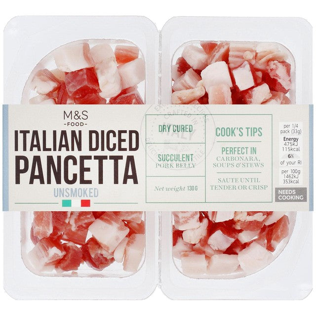 M&S Italian unsmoked diced pancetta 130g, imported from the UK