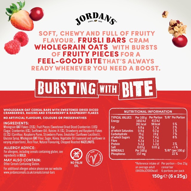 Jordans Frusli Red Berry cereal bars 150g, UK version