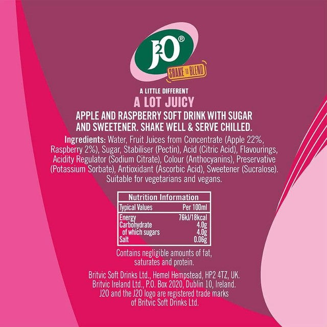 J2O Apple and Raspberry Soft Drink 275ml Sleeve, imported from the UK