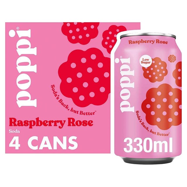 Poppi Raspberry Rose soda cans 330ml (British brand)