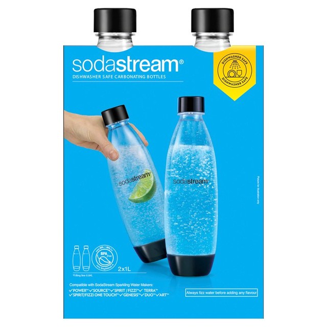 SodaStream carbonating two 1L bottles (British brand)