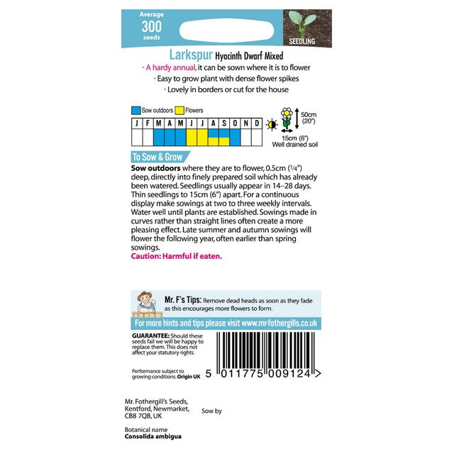 Mr. Fothergill's Seeds Rittersporn-Hyazinthen-Zwergblumenmischung, britische Version