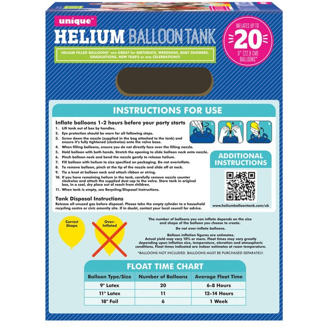 Unique Party helium cylinder for 20 9-inch balloons, UK version