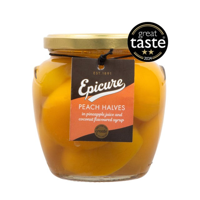 Epicure peach halves in Pineapple & Coconut Syrup 550g - British product