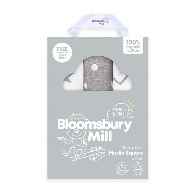 Bloomsbury Mill organic muslin squares grey/white 3 pack - British product