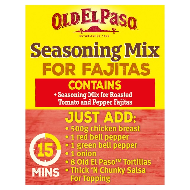 Old El Paso Roasted Tomato & Peppers Fajita Seasoning Mix 30g, imported from the UK