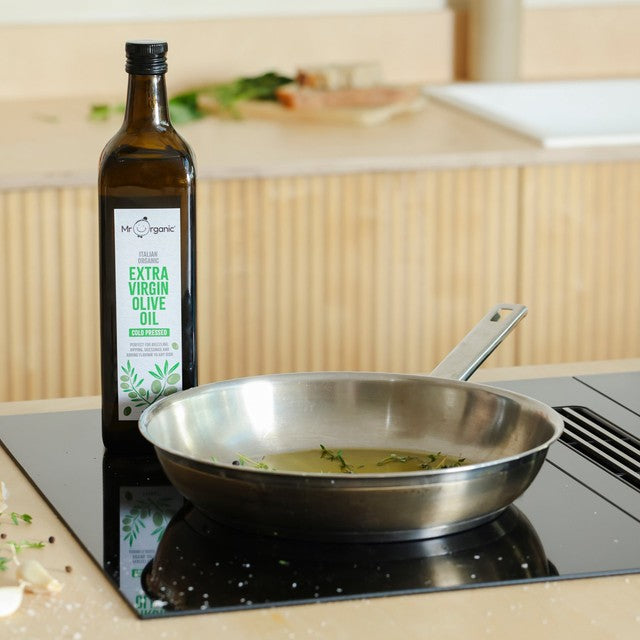 Mr Organic Italian extra virgin olive oil in glass bottle, imported from the UK