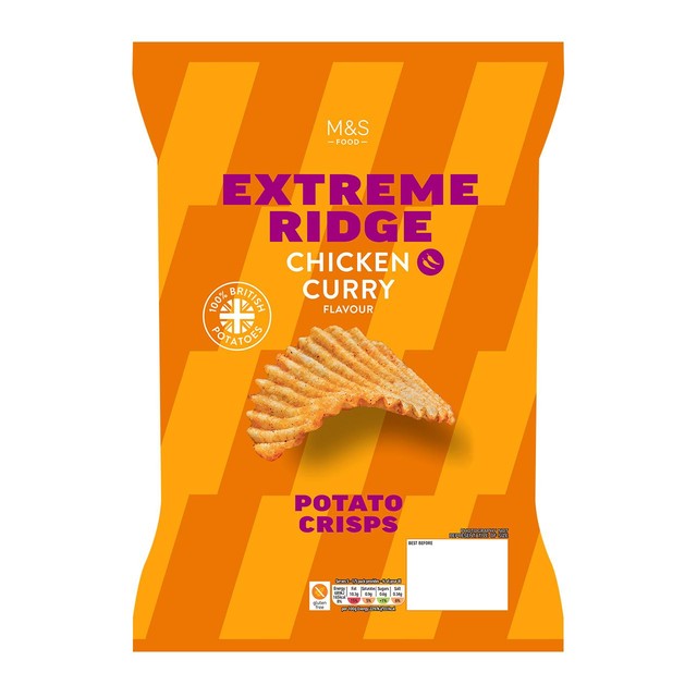 M&S chicken curry extreme ridge cut crisps 150g, imported from the UK