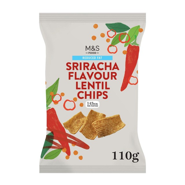 M&S Sriracha Flavour Lentil Chips 110g, imported from the UK