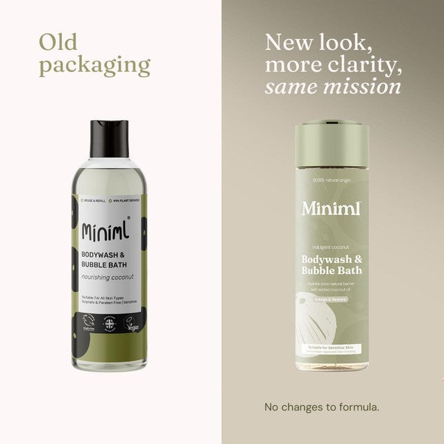 Miniml Indulgent Coconut body wash and bubble bath, imported from the UK