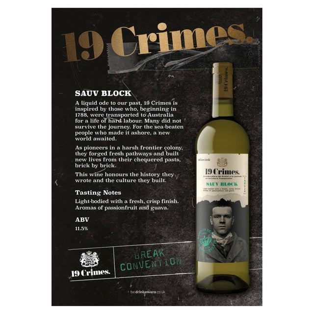 19 Crimes Sauvignon Blanc white wine 75cl - British product