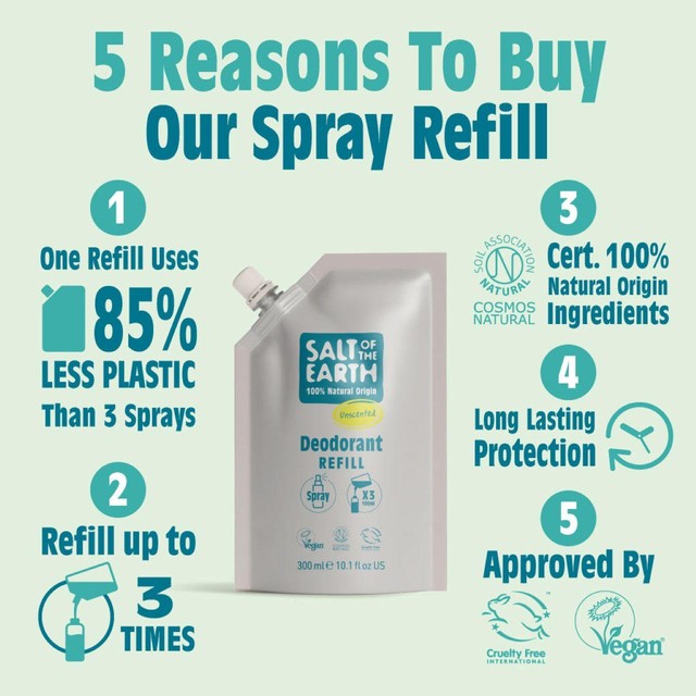 Salt of the Earth unscented natural deodorant spray refill 300ml (British brand)
