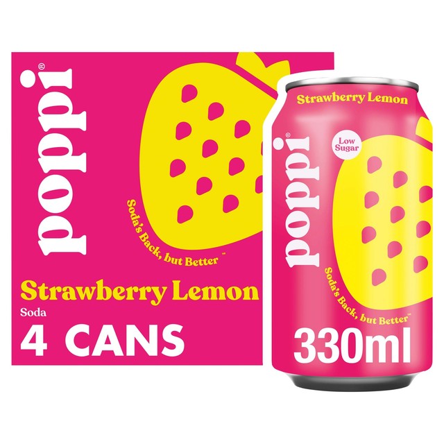 Poppi strawberry lemon soda 330ml cans, UK version