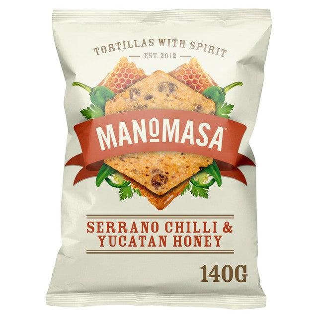 Manomasa serrano chilli and Yucatan honey tortilla chips 140g, imported from the UK