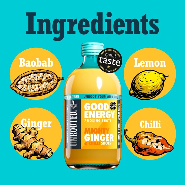 Unrooted Mighty Ginger, Chilli & Baobab health shots 420ml (British brand)
