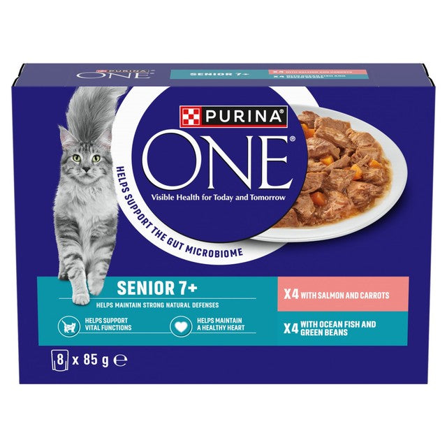 Purina One senior cat food mini fillets with salmon and ocean fish 8x85g pouches, imported from the UK