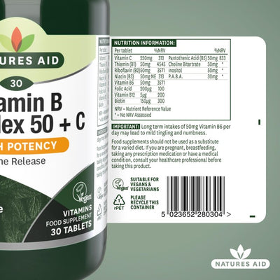 Natures Aid Vitamin B kompleks 50 Plus C kosttilskuddstabletter 30-pakning