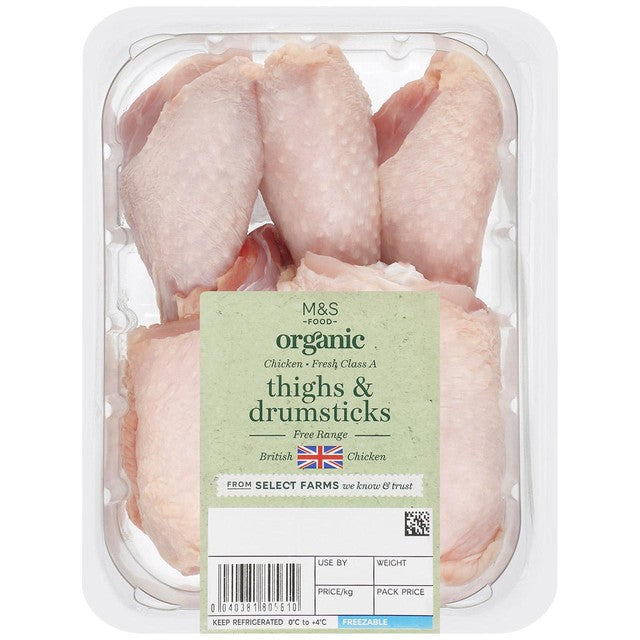 M&S organic free-range chicken thighs and drumsticks 680g, imported from the UK