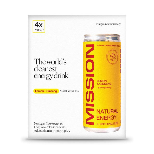 MISSION lemon and ginseng energy drink 4 x 250ml, imported from the UK