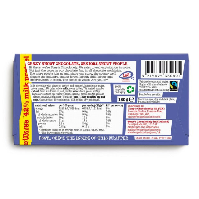 Tony's Chocolonely dark milk chocolate pretzel toffee bar 180g (British brand)