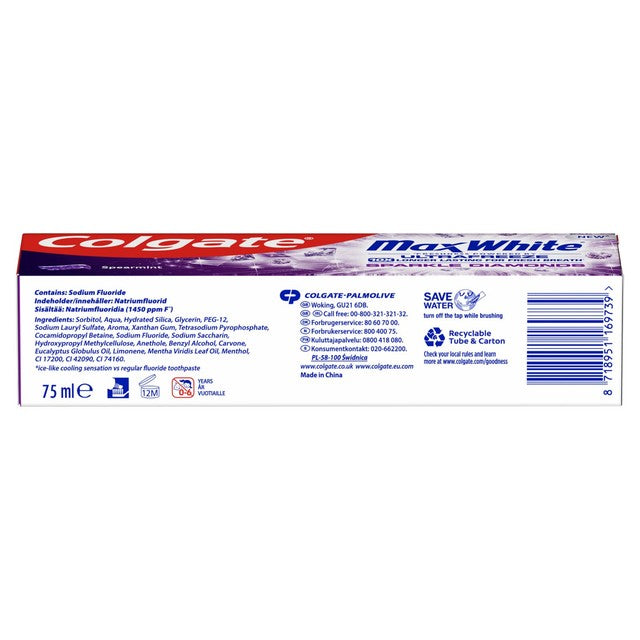 Colgate Max White Sparkle Diamonds spearmint flavour toothpaste 75ml - British product