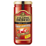 Filippo Berio arrabbiata pasta sauce jar, imported from the UK