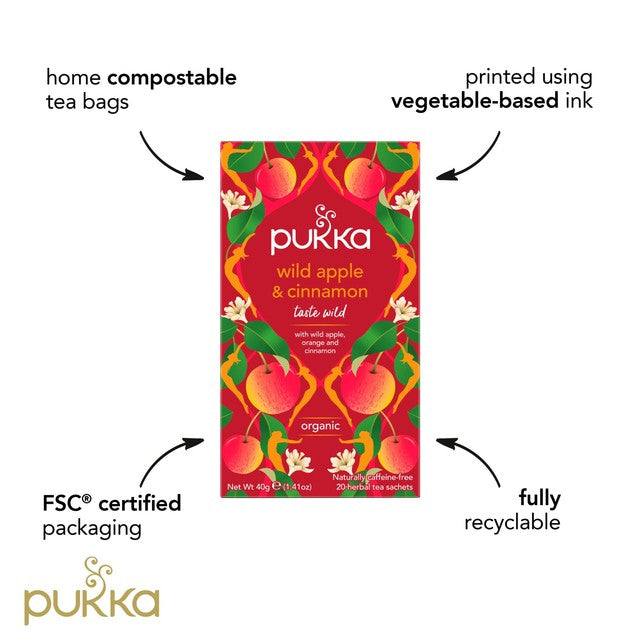 Pukka Herbs wild apple and cinnamon with ginger herbal tea bags 20 teabags, imported from the UK