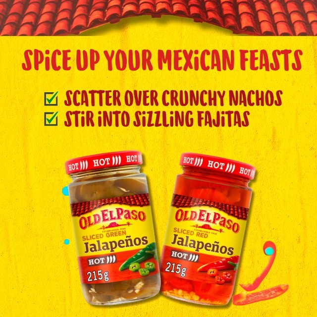 Old El Paso sliced red jalapeno peppers in a jar, imported from the UK