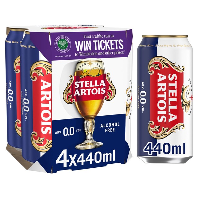 Stella Artois alcohol-free lager 0.0% cans, imported from the UK