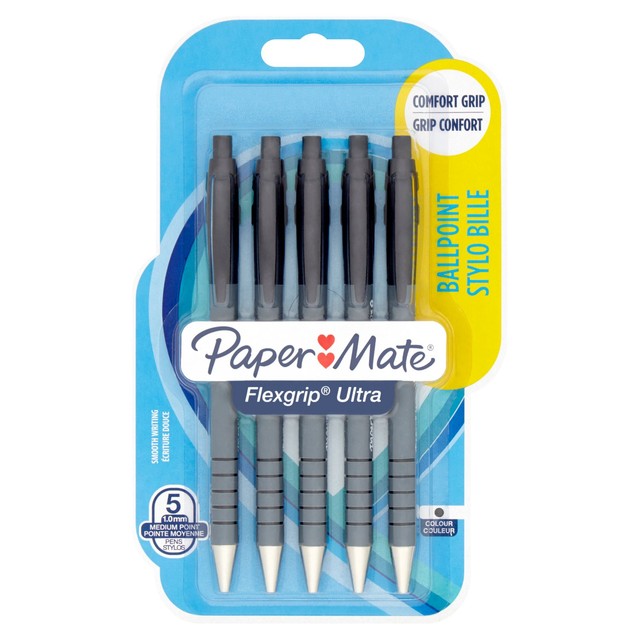 Paper Mate Flex Grip Retractable black ballpoint pen 5-pack, imported from the UK