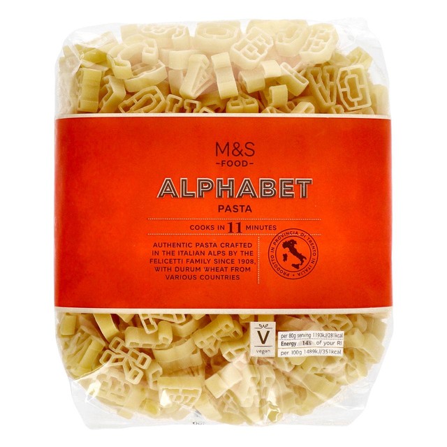 M&S alphabet pasta 500g, imported from the UK