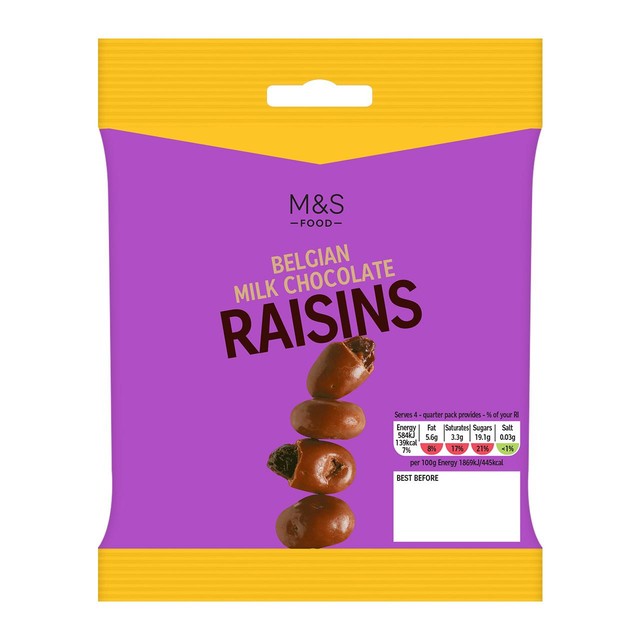 M&S Belgian Milk Chocolate Raisins 125g bag, imported from the UK