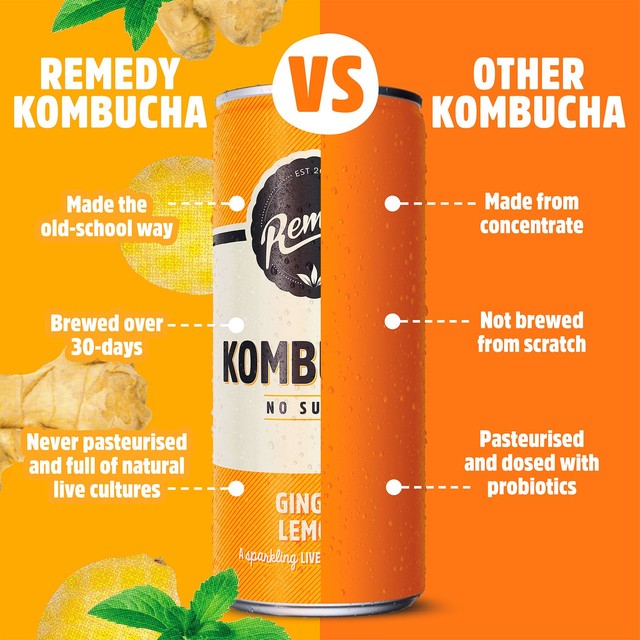 Remedy ginger lemon kombucha 4 x 330ml, imported from the UK