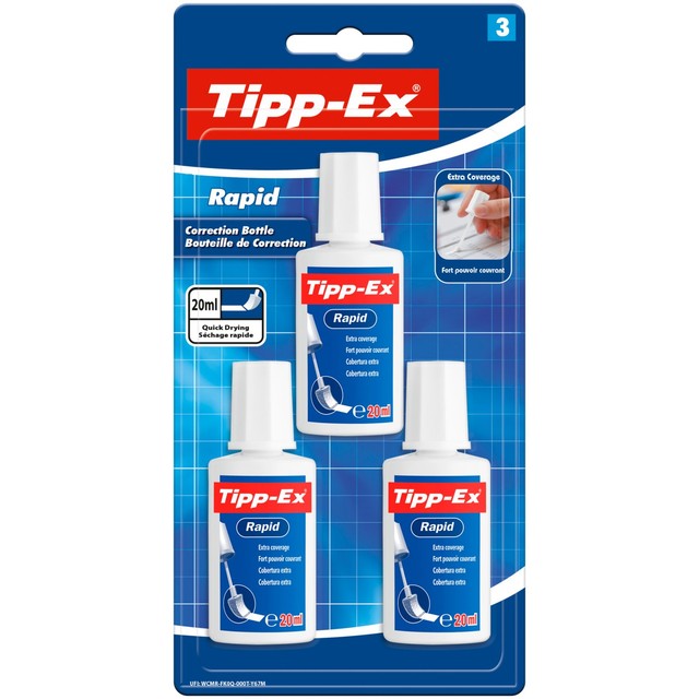 Bic UK Tipp-Ex Rapid Correction Fluid pack of 3 20 ml bottles (British brand)