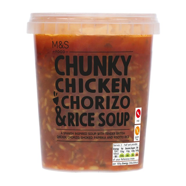 M&S chunky chicken and chorizo soup 600g, imported from the UK