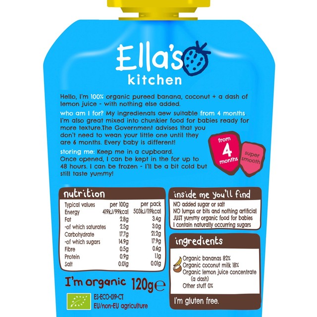 Ella's Kitchen organic banana and coconut baby food pouch for 4+ months - British product