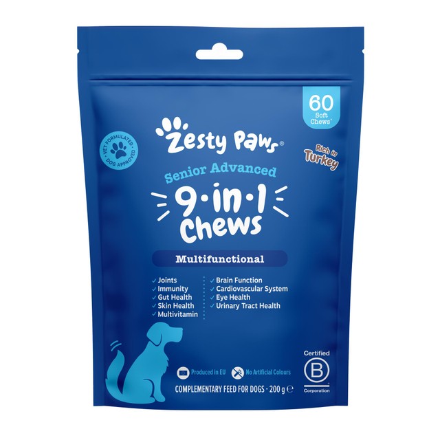 Zesty Paws senior dog chews turkey flavour, imported from the UK