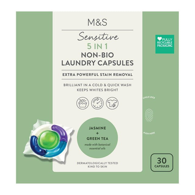 M&S Sensitive Non-Bio laundry capsules 30 pack, imported from the UK