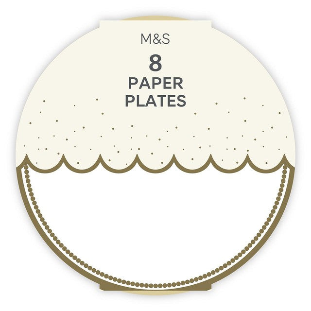 M&S white paper plates with gold trim, 23cm diameter, imported from the UK