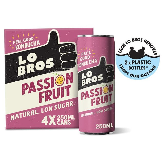 Lo Bros passionfruit low sugar kombucha 4 x 250ml multipack, UK version