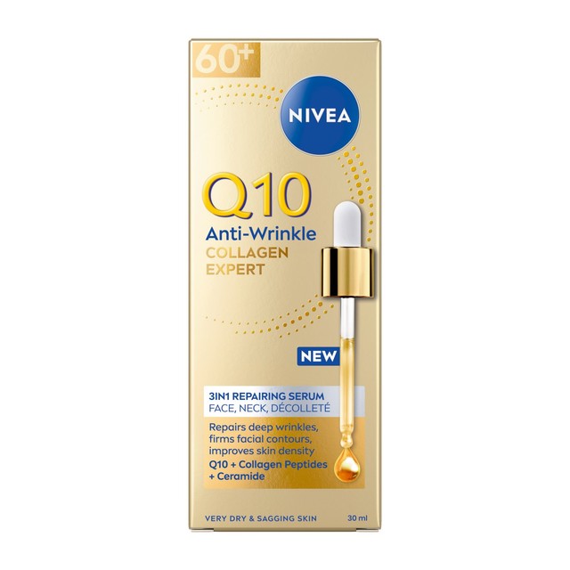 NIVEA Q10 60+ Collagen Expert serum glass bottle (British brand)