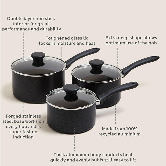 M&S Collection 3-piece black aluminium non-stick pan set, imported from the UK