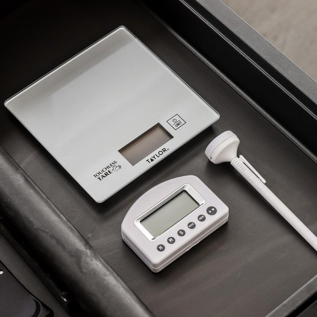 Taylor Pro silver kitchen weighing and measuring set (British brand)